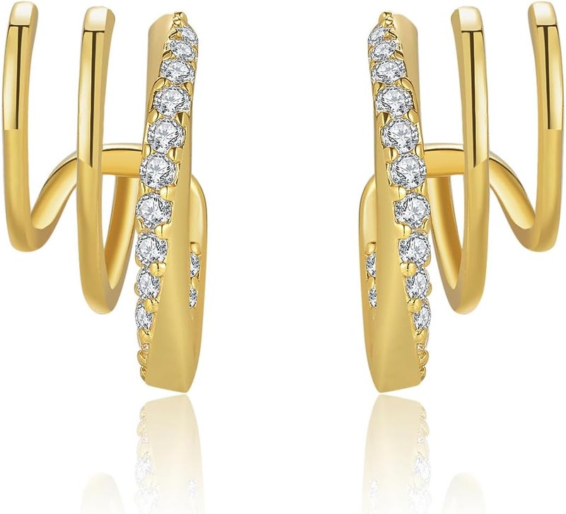 Obidos 14K Gold Plated Triple Huggie Illusion Stud Earrings | Double Huggie Hoop Earrings for One Hole | Gold Hoop Earrings for Women | Drop earrings - Image 3